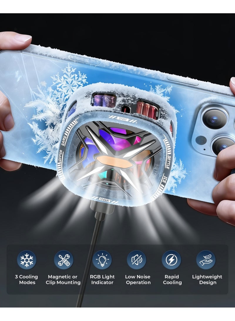 Guqile Magnetic mobile Cooler for Gameing with 3 Cooling Modes, Rgb Phone Cooler, Seven fan blades, Advanced Tech Cooling Chip, Compatible for Android and Ios devices, Silent and Portable, USB Port - Image 2
