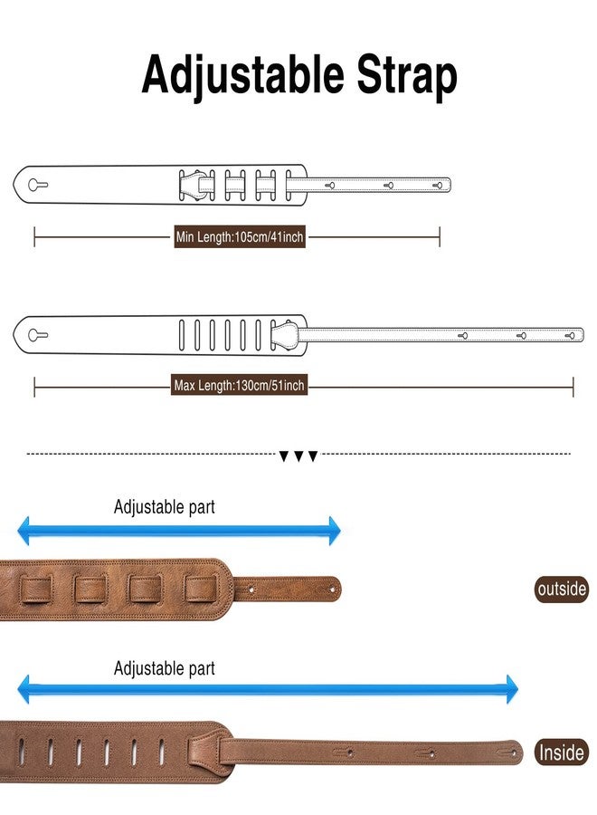 LEKATO 2.5” Wide Leather Guitar Strap with Foam Padded, Adjustable Length 41” to 51”, Brown - Image 3