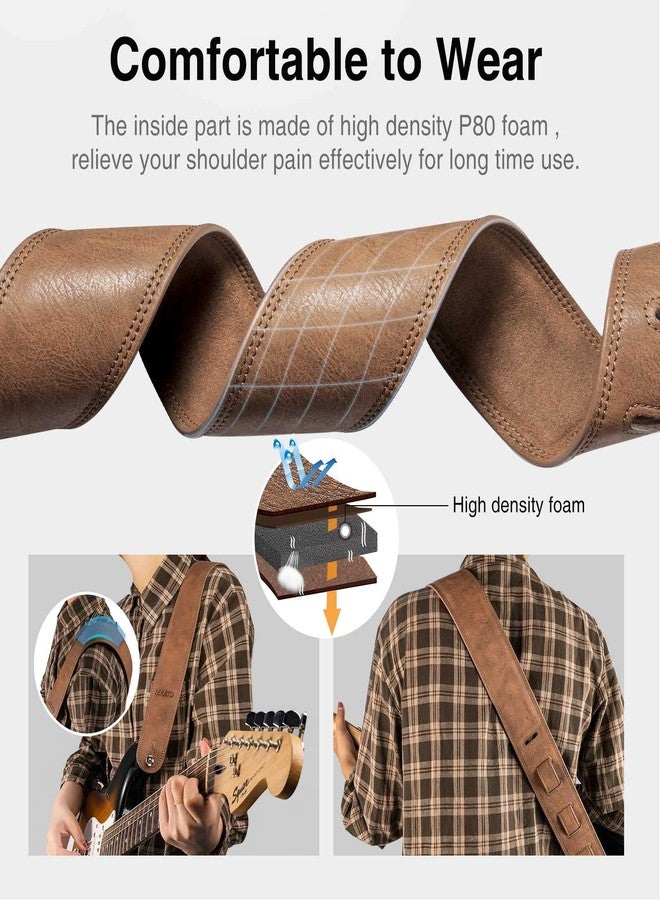 LEKATO 2.5” Wide Leather Guitar Strap with Foam Padded, Adjustable Length 41” to 51”, Brown - Image 2