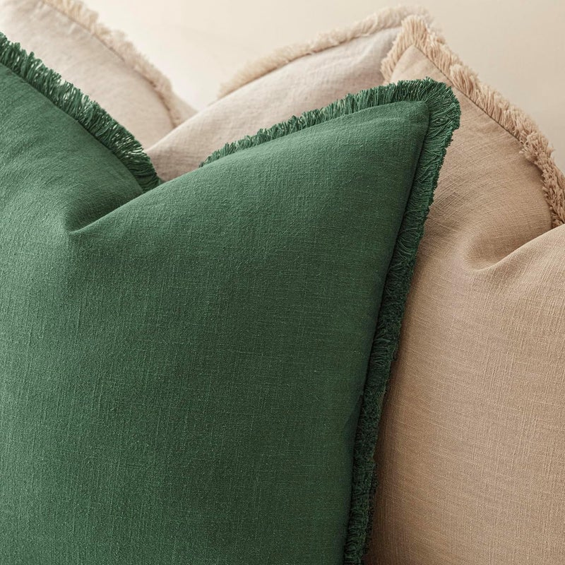 Foindtower Set of 2 Decorative Linen Fringe Throw Pillow Covers Cozy Boho Farmhouse Cushion Cover with Tassels Soft Accent Pillowcase for Couch Sofa Bed Living Room Home Decor, 22×22 Inch, Pine Green - Image 5