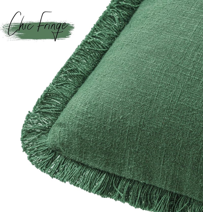 Foindtower Set of 2 Decorative Linen Fringe Throw Pillow Covers Cozy Boho Farmhouse Cushion Cover with Tassels Soft Accent Pillowcase for Couch Sofa Bed Living Room Home Decor, 22×22 Inch, Pine Green - Image 3
