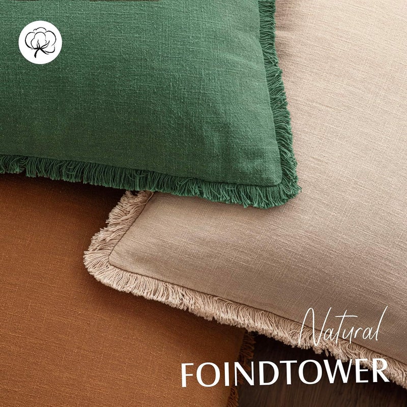 Foindtower Set of 2 Decorative Linen Fringe Throw Pillow Covers Cozy Boho Farmhouse Cushion Cover with Tassels Soft Accent Pillowcase for Couch Sofa Bed Living Room Home Decor, 22×22 Inch, Pine Green - Image 4