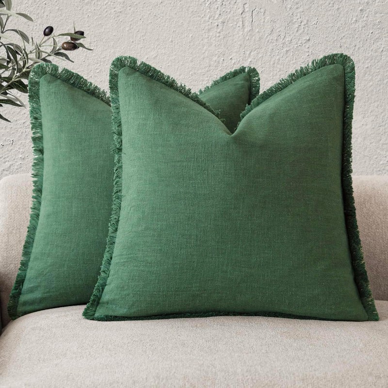 Foindtower Set of 2 Decorative Linen Fringe Throw Pillow Covers Cozy Boho Farmhouse Cushion Cover with Tassels Soft Accent Pillowcase for Couch Sofa Bed Living Room Home Decor, 22×22 Inch, Pine Green - Image 1