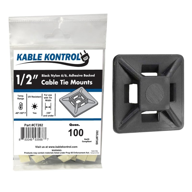Kable Kontrol Zip Tie Mounts, 1/2â€ Sq, Black, 100 Pcs, Adhesive Backed Multi-Purpose UV-Resistant Mounting Squares Nylon Cable Tie Wrap Anchor Pads for Cable Management - Image 1