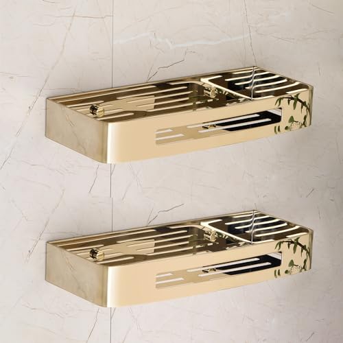 FORTUNE Premium 304 Grade Stainless Steel Wall Mount Shelf, Multi-Functional Storage Shelf/Kitchen Shelve/Rack, Basket Bathroom Accessories Homes, Hotels- (12 x 5 Inch) (Gold Finish, Pack of 2) - Image 1
