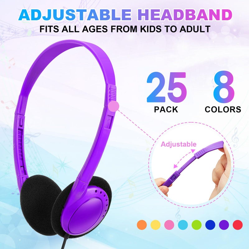 Wensdo Bulk Headphones 25 Pack for Classroom School Kids, Wholesale Wired Adjustable Earphones Class Set for Children Toddler Teens Boys Girls and Adult 3.5mm Jack Multi Color (HY103,25 Mixed) - Image 2