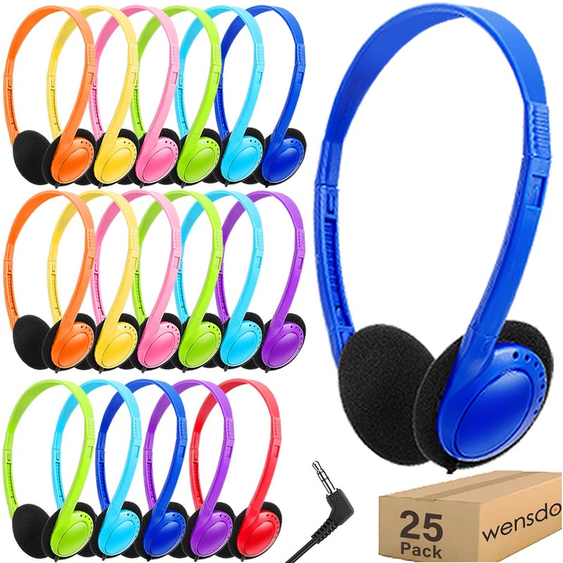 Wensdo Bulk Headphones 25 Pack for Classroom School Kids, Wholesale Wired Adjustable Earphones Class Set for Children Toddler Teens Boys Girls and Adult 3.5mm Jack Multi Color (HY103,25 Mixed) - Image 1