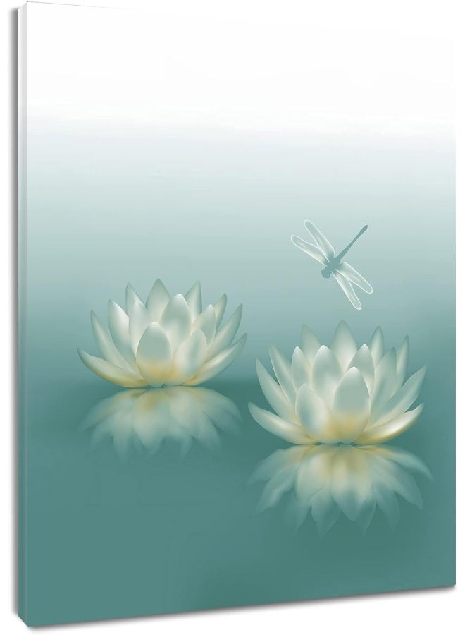 Home Trove Hvest Dragonfly With Water Lily Flowers Canvas Wall Zen Spa Picture Printed Artwork For Living Room Bedroom Bathroom Wall Decor, Stretched And Framed Ready To Hang, 12X16 Inches - Image 1