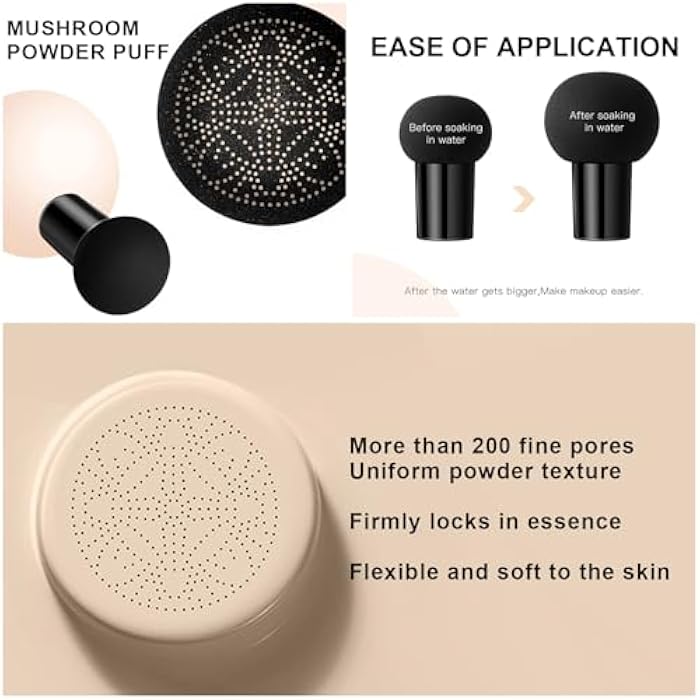 LemonSac Mushroom Head Air Cushion CC Cream Foundation - Moisturizing Concealer for Even Skin Tone - Makeup Base Primer (#01 Ivory White) - Image 5