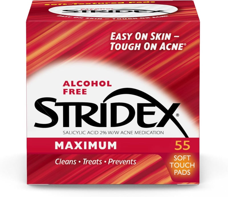 Stridex Stridex Medicated Acne Pads, Maximum, 55 Count – Facial Cleansing Wipes, Alcohol Free, Acne Treatment for Face, For Moderate Acne, Smooth Application 