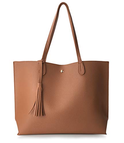 Hoxis Minimalist Clean Cut Pebbled Faux Leather Tote Womens Shoulder Handbag (Brown) - Image 2