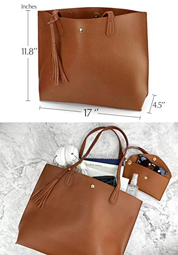 Hoxis Minimalist Clean Cut Pebbled Faux Leather Tote Womens Shoulder Handbag (Brown) - Image 3