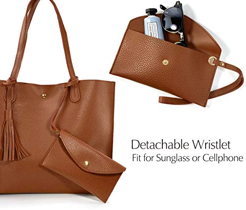 Hoxis Minimalist Clean Cut Pebbled Faux Leather Tote Womens Shoulder Handbag (Brown) - Image 5