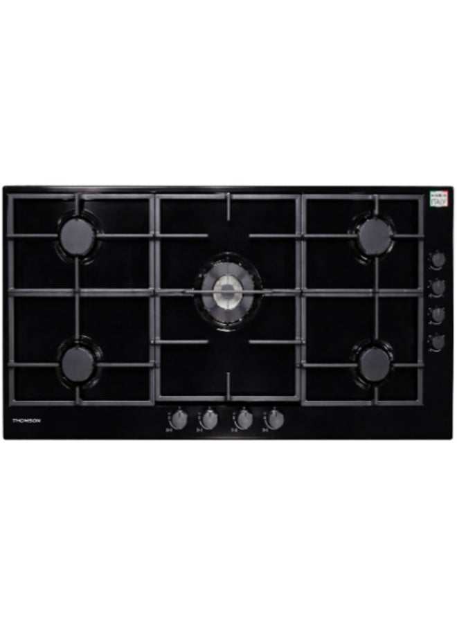 Thomson Professional Box 90 Cm - 5 Gas Burners (4 + 1 Triple Flame Burner) - Automatic Ignition - Stainless Steel - Cast Iron Grids - Safety Valves  Black Version