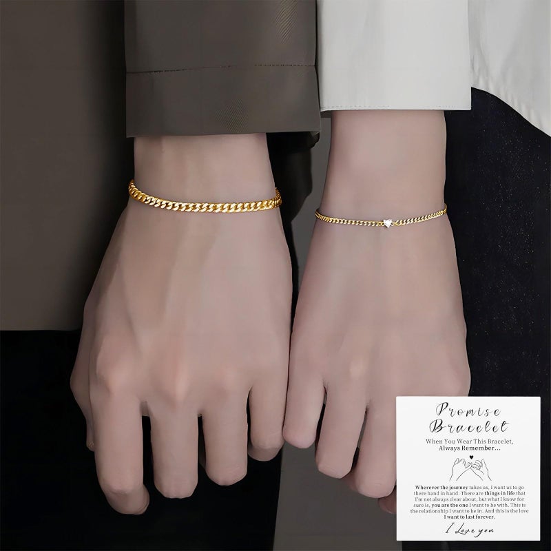 ANGLEQUEEN Promise Couple Bracelets for Women Men Permanent Bracelets for Couples Soulmate Distance Relationship Bracelet Stainless steel Matching Bracelets Locked Bracelet Heart Rhinestone Gold Silver Cuban Chain (A-Gold) - Image 2