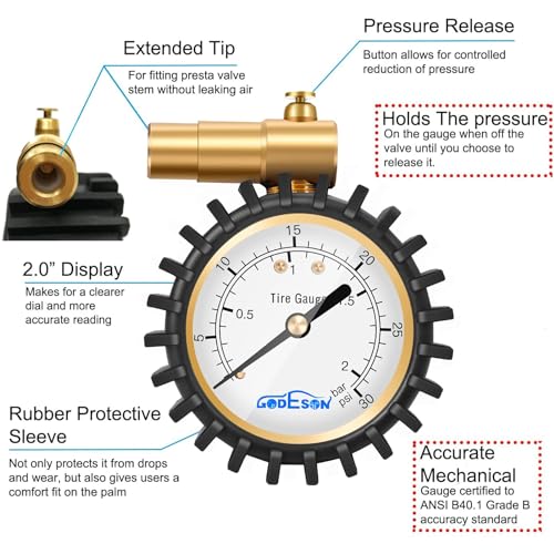 GODESON Presta Valve Pressure Gauge with Air Pressure Relief for Mountain Bicycle Fat Tires,Low Pressure Range to 30 PSI/2BAR… - Image 2