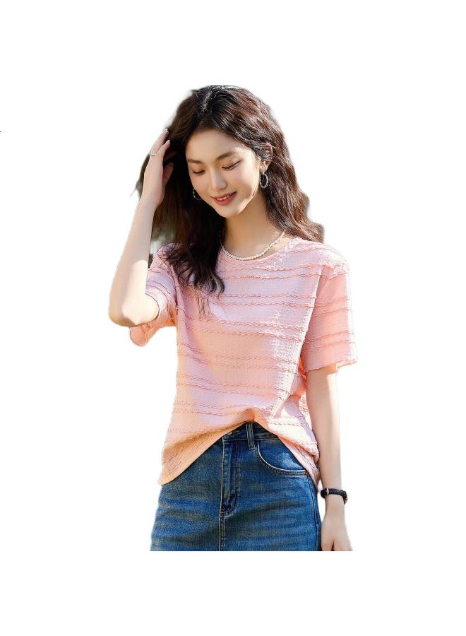 dme "Chuishun Soft" Summer Chic Texture 3D Knitted Short Sleeve Elastic Slimming Women'S T-Shirt - Image 2