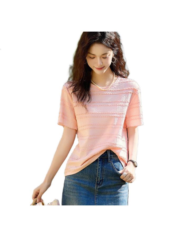 dme "Chuishun Soft" Summer Chic Texture 3D Knitted Short Sleeve Elastic Slimming Women'S T-Shirt - Image 3