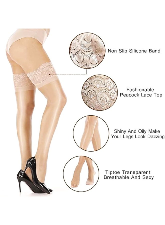 Vphom Women's Ultra-Shiny Thigh-High Stockings Silicone Lace-Top Stay-Up Glossy Sheer Tights - Image 3