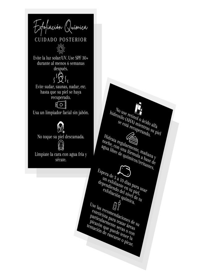 Lashicorn SPANISH Chemical Peel Aftercare Card | 50 Pack | 2x3.5” inches Business Card | Facial Supplies | For Estheticians Chemical Peel Skin Treatments | Black Card Design - Image 1
