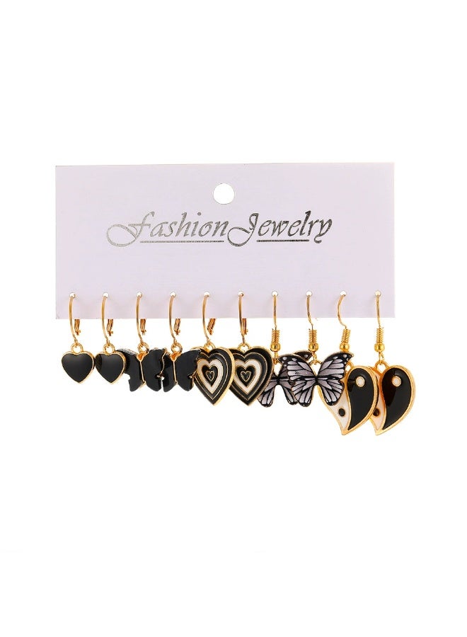 Goolsky Women’s Black C-Hoop & Checkerboard Stud Earrings Set – 6-Pack Creative Punk & Retro Jewelry - Image 2