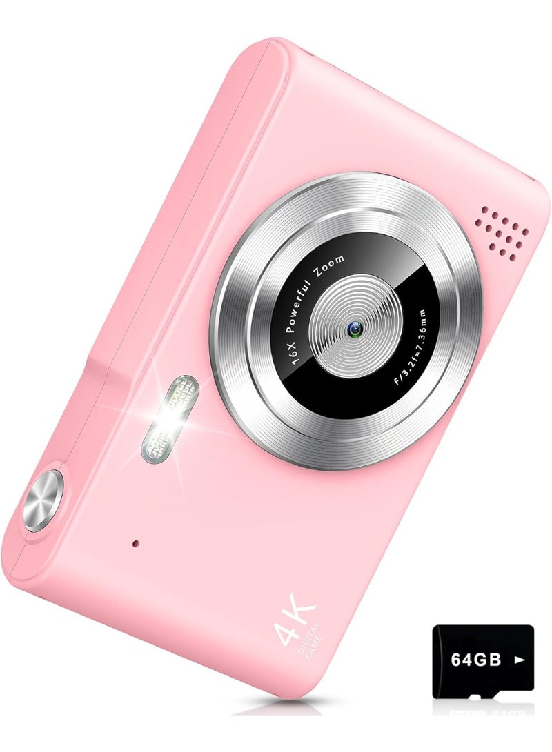 4K Digital Camera for Kids,  4K 48MP Point and Shoot Digital Portable Pocket Cameras with 64GB SD Card and 16X Digital Zoom Anti Shake, Flash,for Photography Vlogging , Selfie ,Multiple shooting modes,，Free Gift Lanyard,Compact Portable Small Gift for Boys Girls Students, Pink - Image 1