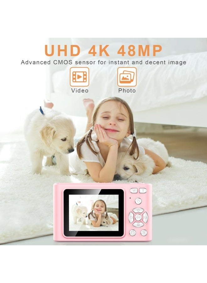 4K Digital Camera for Kids,  4K 48MP Point and Shoot Digital Portable Pocket Cameras with 64GB SD Card and 16X Digital Zoom Anti Shake, Flash,for Photography Vlogging , Selfie ,Multiple shooting modes,，Free Gift Lanyard,Compact Portable Small Gift for Boys Girls Students, Pink - Image 2