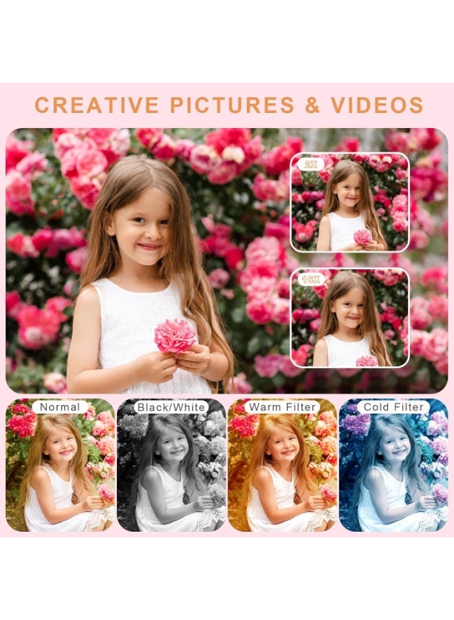 4K Digital Camera for Kids,  4K 48MP Point and Shoot Digital Portable Pocket Cameras with 64GB SD Card and 16X Digital Zoom Anti Shake, Flash,for Photography Vlogging , Selfie ,Multiple shooting modes,，Free Gift Lanyard,Compact Portable Small Gift for Boys Girls Students, Pink - Image 3