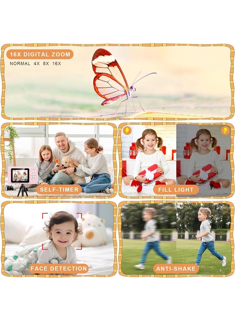 4K Digital Camera for Kids,  4K 48MP Point and Shoot Digital Portable Pocket Cameras with 64GB SD Card and 16X Digital Zoom Anti Shake, Flash,for Photography Vlogging , Selfie ,Multiple shooting modes,，Free Gift Lanyard,Compact Portable Small Gift for Boys Girls Students, Pink - Image 4