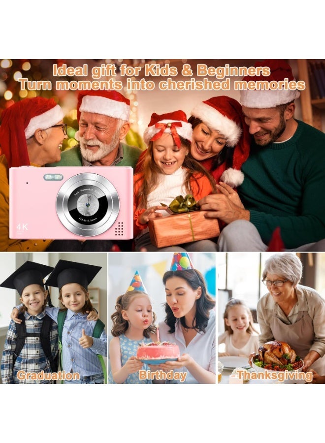 4K Digital Camera for Kids,  4K 48MP Point and Shoot Digital Portable Pocket Cameras with 64GB SD Card and 16X Digital Zoom Anti Shake, Flash,for Photography Vlogging , Selfie ,Multiple shooting modes,，Free Gift Lanyard,Compact Portable Small Gift for Boys Girls Students, Pink - Image 5