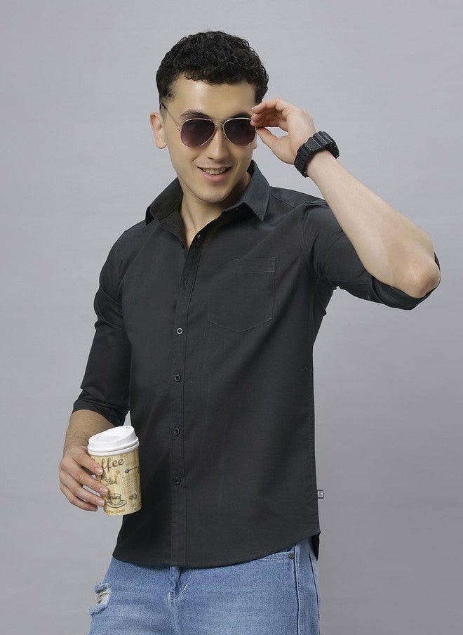 Hence Men Charcoal Solid Cotton Slim Fit Casual Shirt with Spread Collar - Image 5