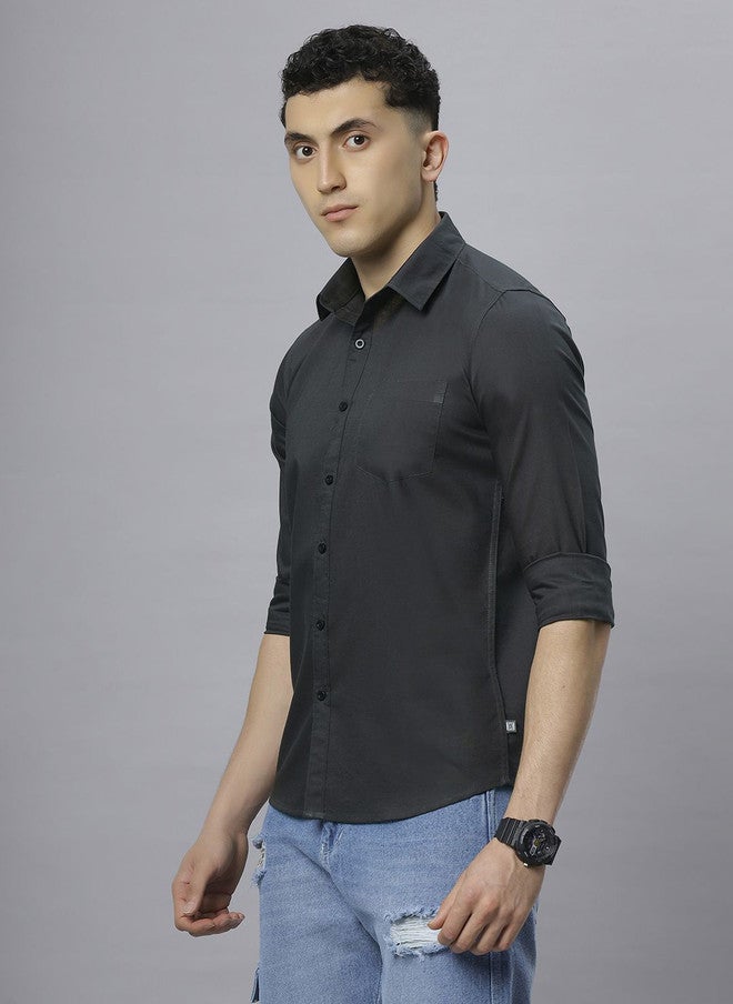 Hence Men Charcoal Solid Cotton Slim Fit Casual Shirt with Spread Collar - Image 3