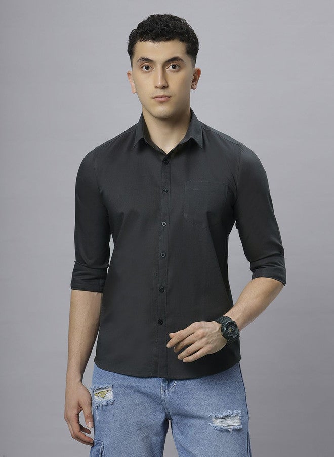 Hence Men Charcoal Solid Cotton Slim Fit Casual Shirt with Spread Collar - Image 1