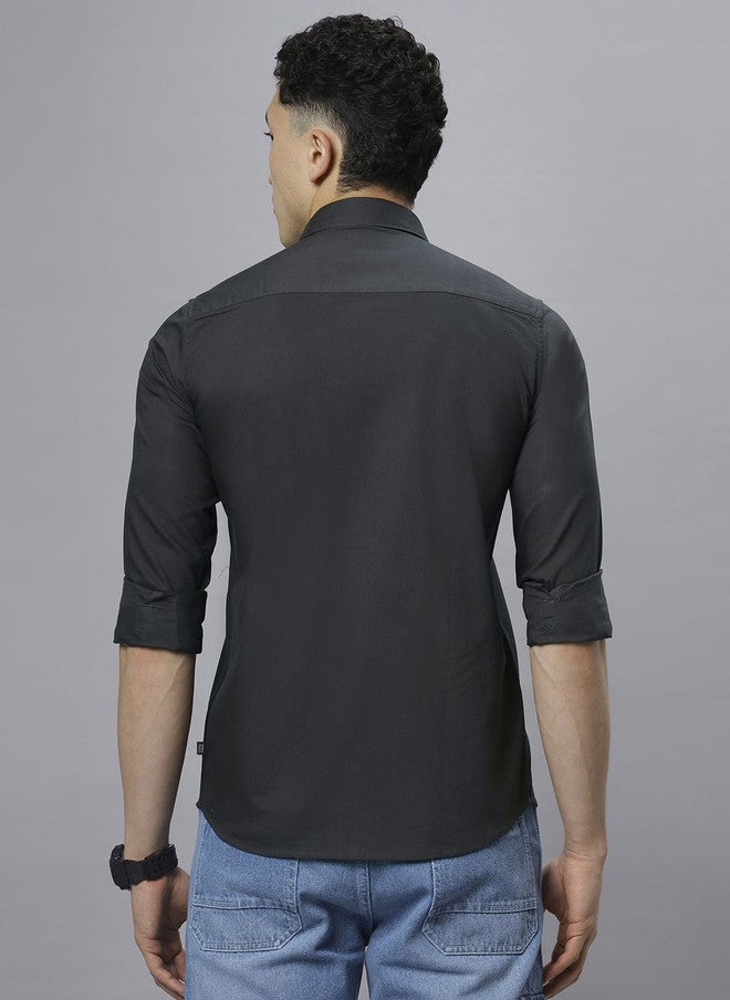 Hence Men Charcoal Solid Cotton Slim Fit Casual Shirt with Spread Collar - Image 4