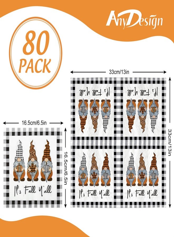 AnyDesign 80 Pack Fall Paper Napkin Disposable It's Fall Y'all Luncheon Napkins Buffalo Plaids Autumn Gnome Dessert Dinner Hand Napkin for Thanksgiving Harvest Supplies, 6.5 x 6.5 Inch - Image 2