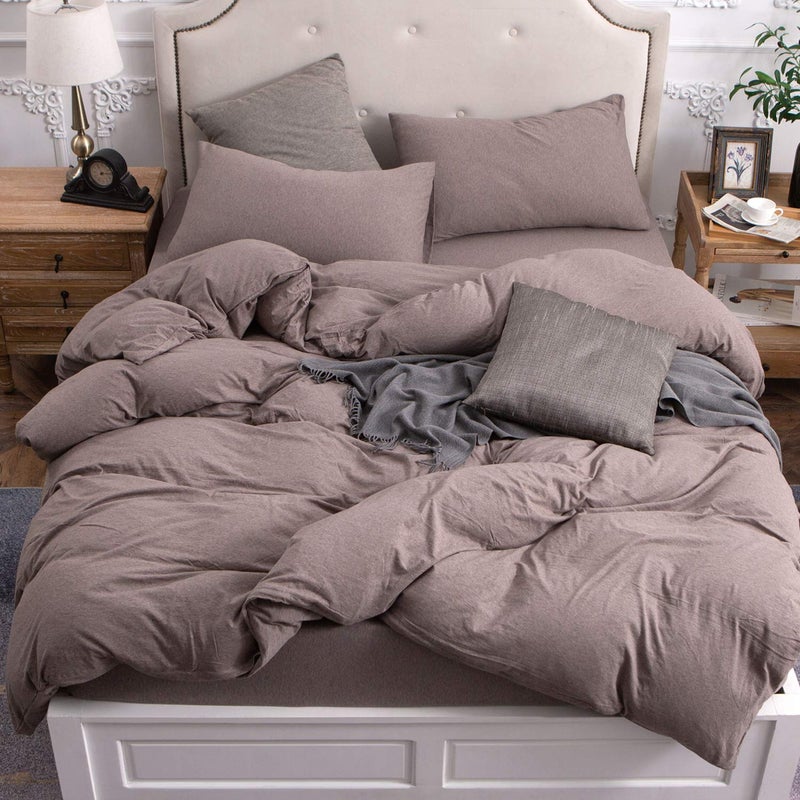 PURE ERA Jersey Knit Duvet Cover Set 100 TShirt Cotton Super Soft Comfy 3pc Bedding Set with Zipper Closure Heather Brown Queen