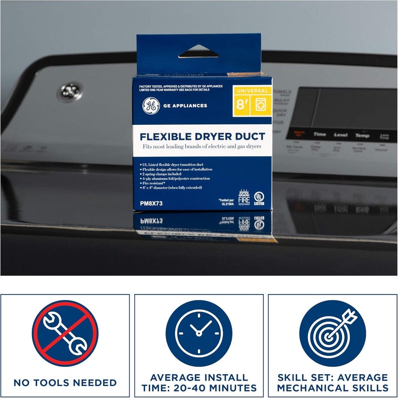GE Flexible 4-Ply Aluminum Clothes Dryer Vent Duct 4 inch 8 feet with Clamps, UL Approved, OEM, PM8X73 - Image 4