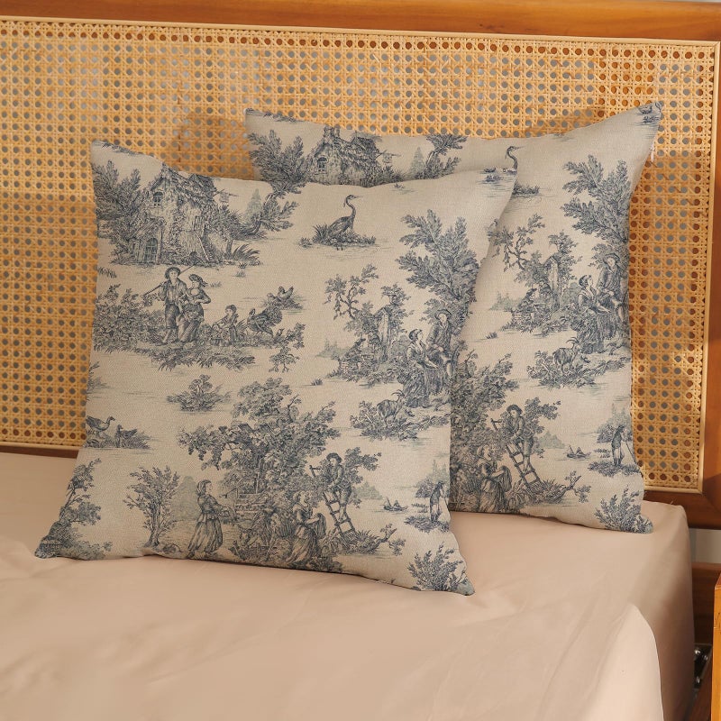 GOLIANDA Blue Toile Pillow Covers 18x18 Inch Set of 2 Vintage French Country Throw Pillows Outdoor French Country Decorative Pillow Cases Rustic Linen Decor Farmhouse Cushion Case for Couch Bedroom - Image 2