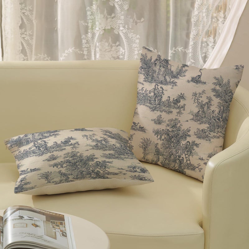 GOLIANDA Blue Toile Pillow Covers 18x18 Inch Set of 2 Vintage French Country Throw Pillows Outdoor French Country Decorative Pillow Cases Rustic Linen Decor Farmhouse Cushion Case for Couch Bedroom - Image 4