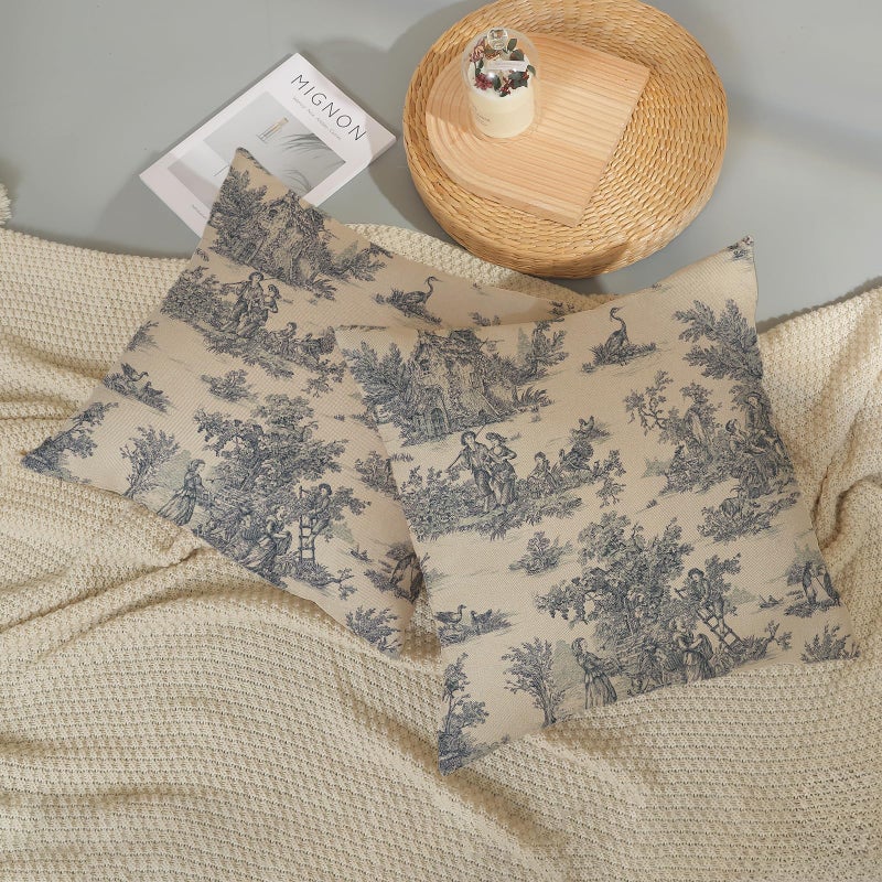 GOLIANDA Blue Toile Pillow Covers 18x18 Inch Set of 2 Vintage French Country Throw Pillows Outdoor French Country Decorative Pillow Cases Rustic Linen Decor Farmhouse Cushion Case for Couch Bedroom - Image 5