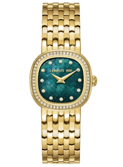 شيروتي 1881 Women's Cerruti 1881 Gresta Analog Women's Watch - Green Smoke Mother of Pearl Dial, Crystal Indexes, Gold Plated Bracelet