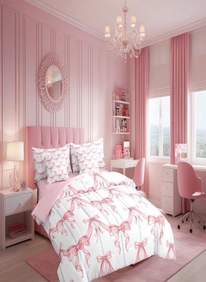 Feelyou Cute Bowknot Bed Set Includes Comforter, Sheet Set, Pillowcases & Pillow Covers Bow 7 Piece Bedding Set Teens Room Decor Kawaii Bow Print Bed in a Bag Queen Size Bow - Image 1