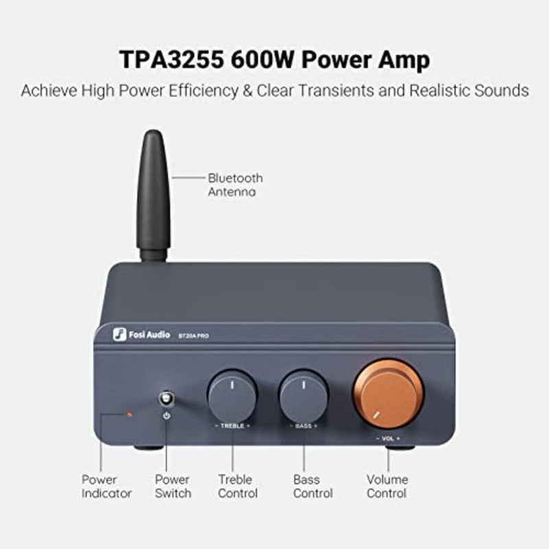 BT20A Pro 300W x2 TPA3255 Bluetooth 5.0 Home Audio Stereo 2 Channel Amplifier Receiver Mini Hi-Fi Class D Upgraded Integrated Amp for Speakers with Bass Treble Control - Image 4