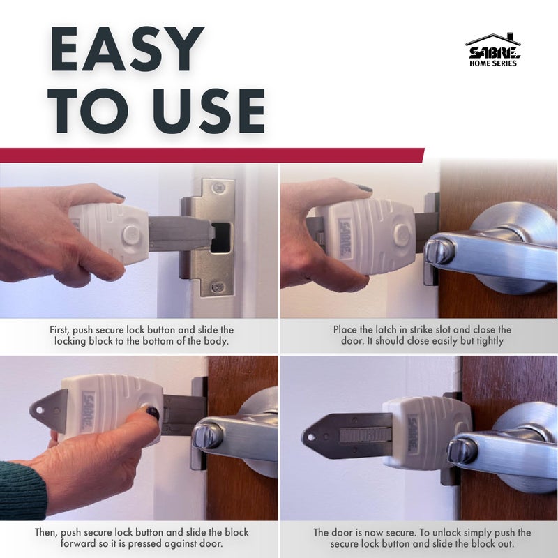 SABRE Portable Door Lock, Durable Metal Construction, Lightweight and Compact, Quick No-Tool Installation, Fits Most Inward-Swinging Hinged Doors, Requires 1/8 Inch Gap, For Houses, Apartments, Condos - Image 3