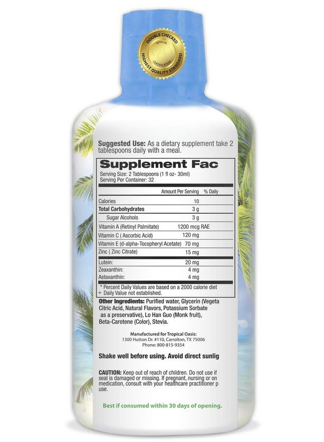 تروبيكال أويسيز سائل 20/20 Vision - تركيبة فيتامين للعين تحتوي على 20 مجم لوتين و4 مجم زياكسانثين و4 مجم أستازانتين لدعم الرؤية - أقصى امتصاص - طعم رائع ولا يحتوي على أقراص للابتلاع - 32 جرعة، 32 أونصة - Image 2
