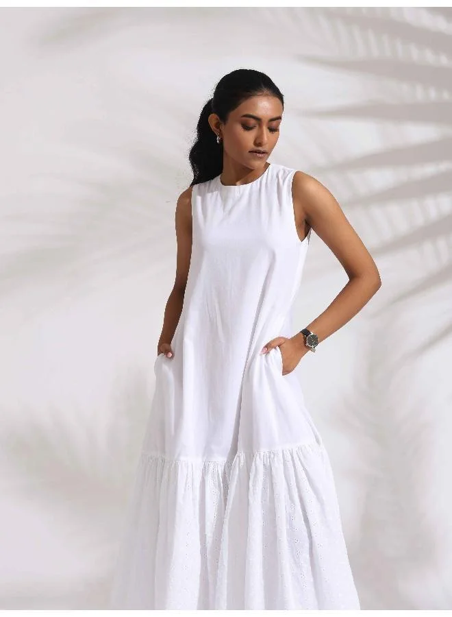 ترو برونز trueBrowns White Cotton Schiffli Tier Dress