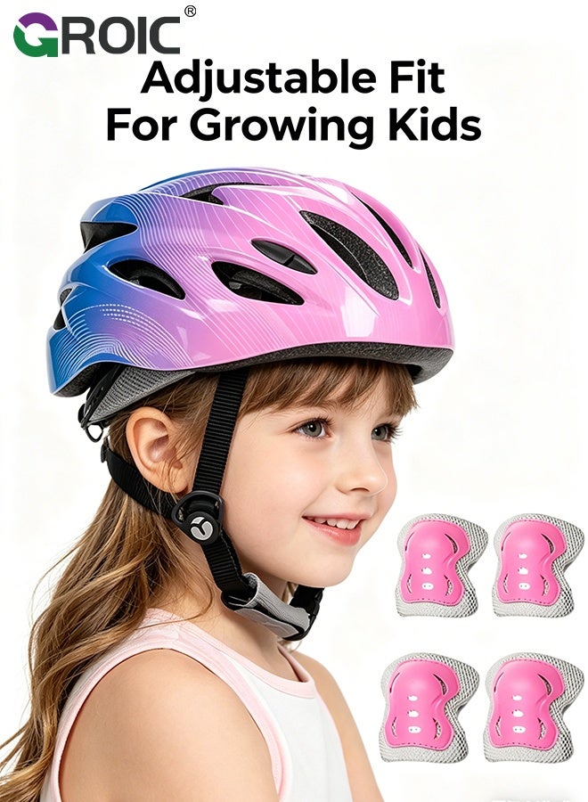 GROIC 7Pcs Kids Bike Helmet Set,Skateboard Knee Pads, Helmet Pad Set Protective Gear Set,Kids Helmet Set with Knee Elbow Wrist Pads for Skateboard Cycling Scooter Rollerblading(Pink) - Image 4