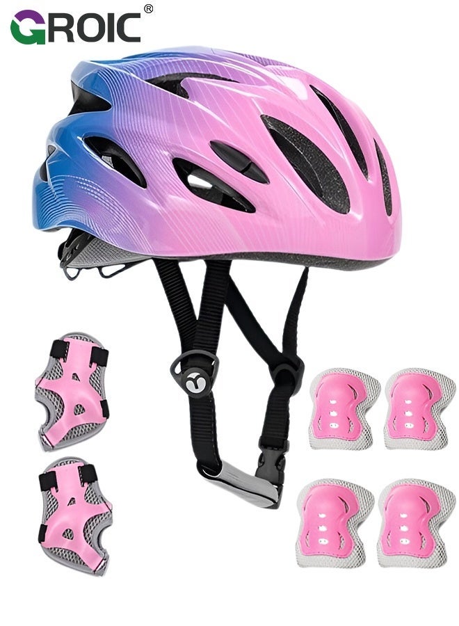 GROIC 7Pcs Kids Bike Helmet Set,Skateboard Knee Pads, Helmet Pad Set Protective Gear Set,Kids Helmet Set with Knee Elbow Wrist Pads for Skateboard Cycling Scooter Rollerblading(Pink) - Image 1
