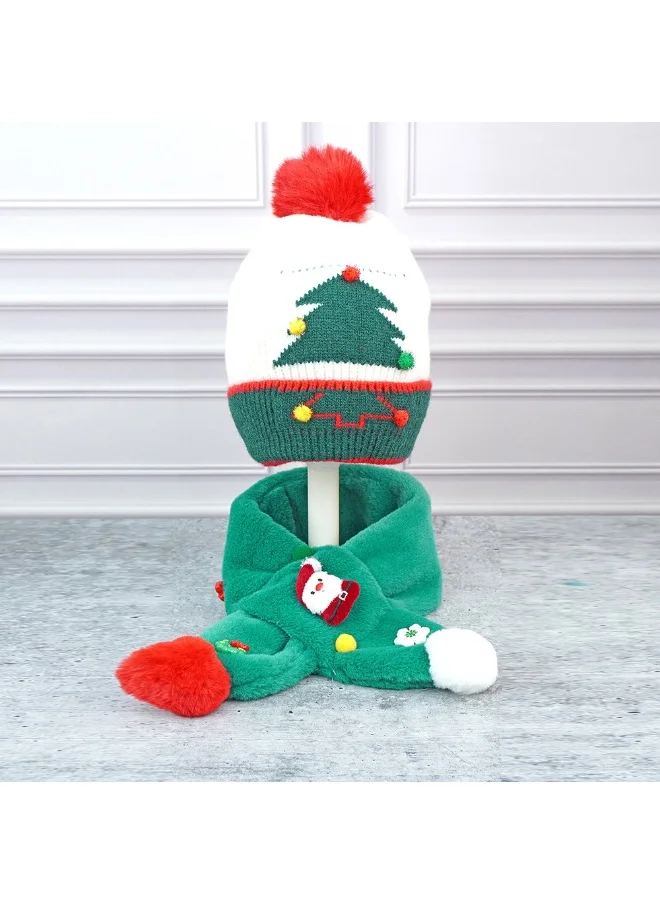 LITTLE SURPRISE BOX 2Pcs White And Green Tree Christmas Themed Winter Cap Beanie With Matching Long Style Neck Muffler For Kids