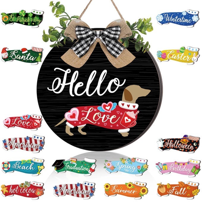 16 PCS INTERCHANGEABLE DOG WOODEN DOOR HANGER ORNAMENTS RUSTIC DACHSHUND SEASONAL HOME SIGN REPLACEABLE HANGING VERTICAL WELCOME SIGN FRONT DOOR PORCH DECOR FOR WALL OUTDOOR XMAS FALL DECOR BLACK